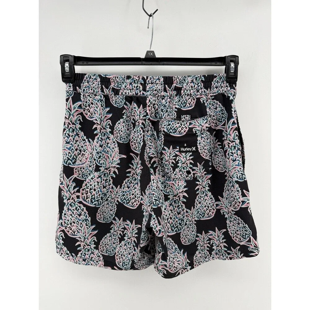 Hurley Mens M Swim Trunks Black Neon Pineapple Board Shorts Drawstring Pocket